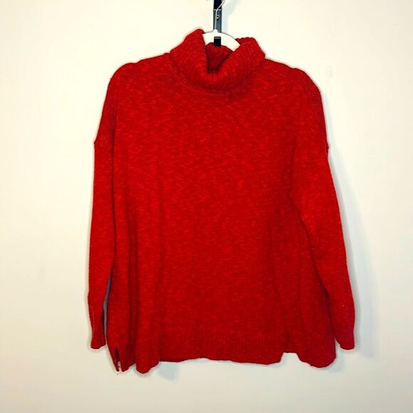 J Jill Red Chili Pepper Cotton Blend Fold over Turtle Neck Petite M 59% Cotton - Picture 1 of 6
